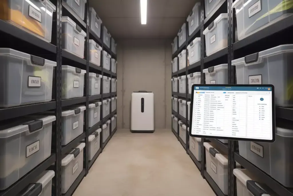 Basement Storage With Metal Shelves Clear Plastic Bins And A Dehumidifier