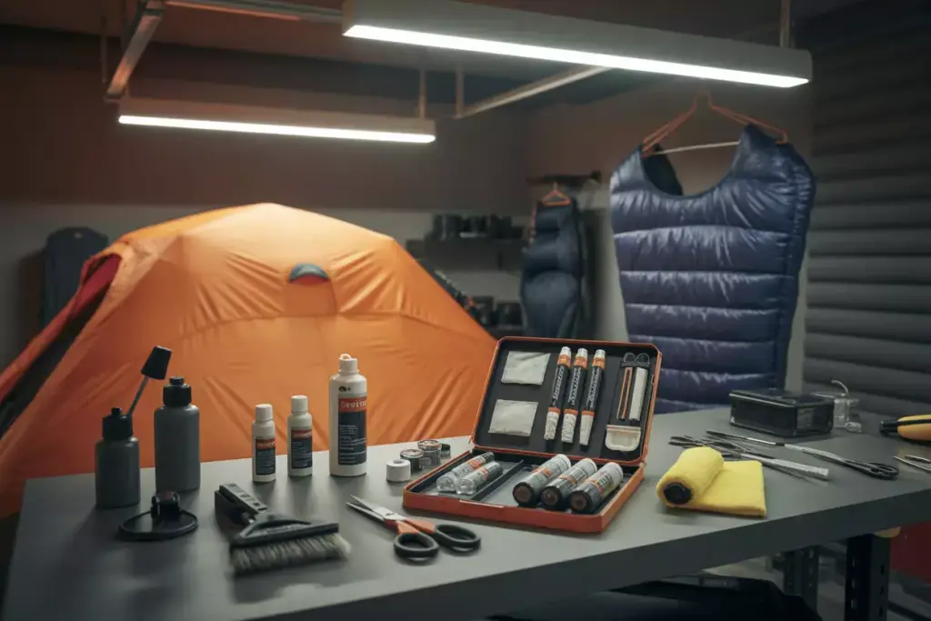 Dedicated Garage Workbench With Tent Repair Kit And Drying Sleeping Bag
