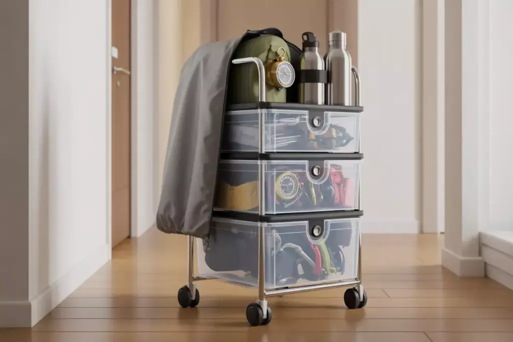 Portable Rolling Storage Cart With Stackable Drawers Containing Hiking Accessories