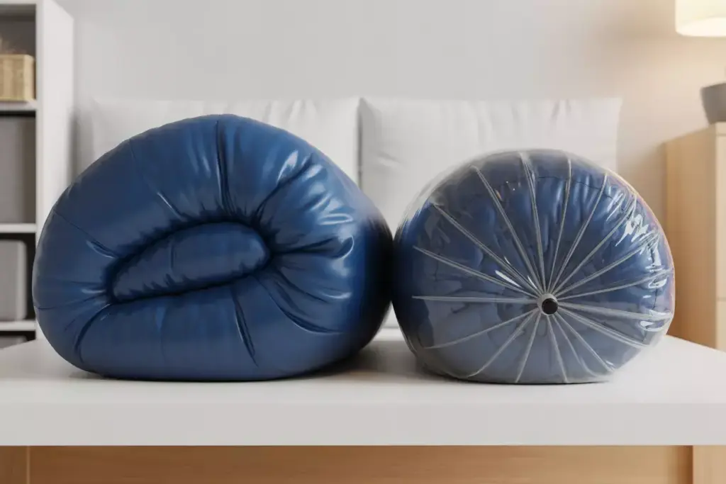 Comparison Of Uncompressed Sleeping Bag Next To Its Compressed Vacuum Bag Version