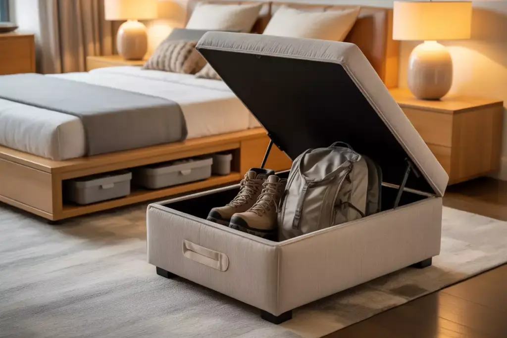 Living Room With Storage Bench And Platform Bed Containing Hidden Hiking Gear