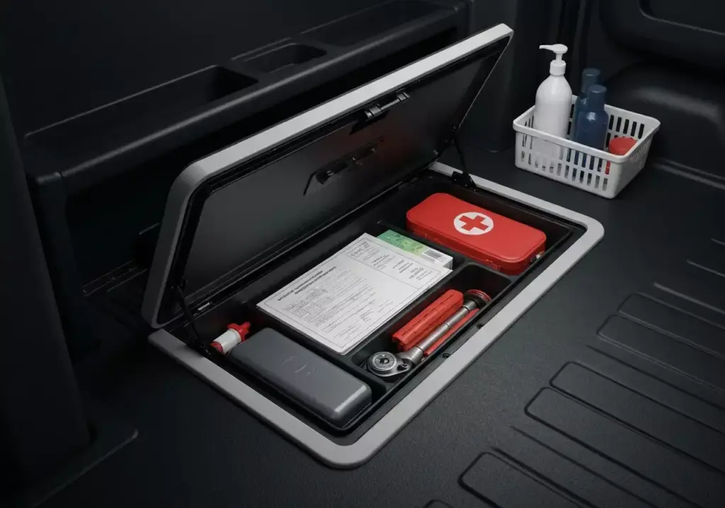 7b Hidden Floor Compartment In Van With Waterproof Storage For Tools And Documents