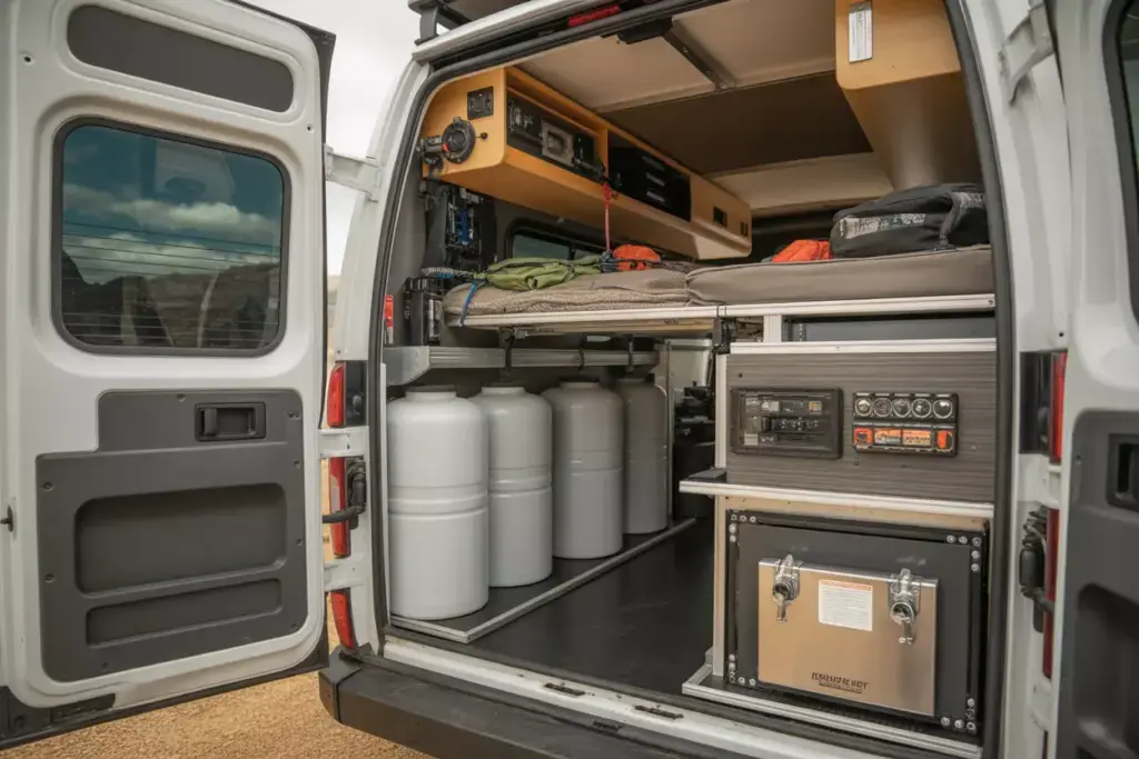 Extended Adventure Van Layout With Large Water Tanks Solar System And Off Grid Gear