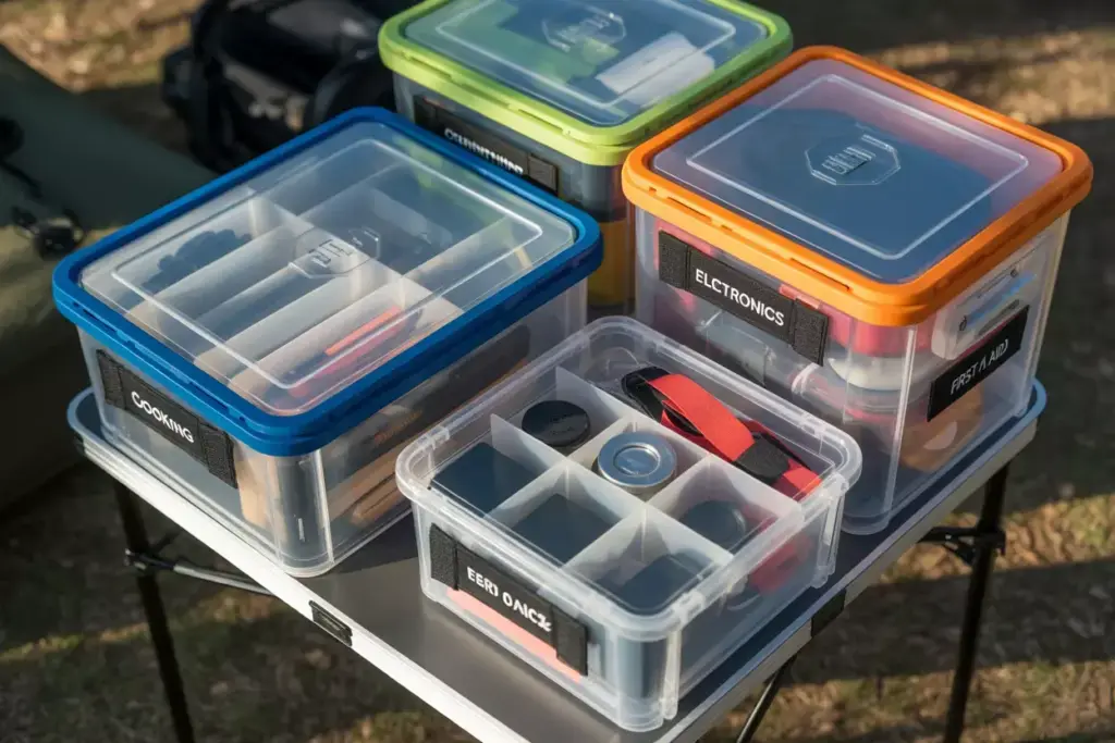 Modular Camping Gear Organization System With Clear Containers And Dividers