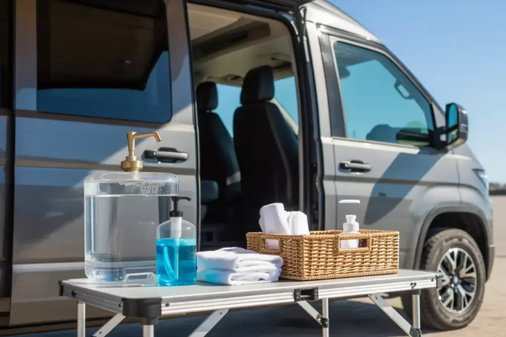 Outdoor Hygiene Station With Soap Dispenser Towels Water Container Near Rv