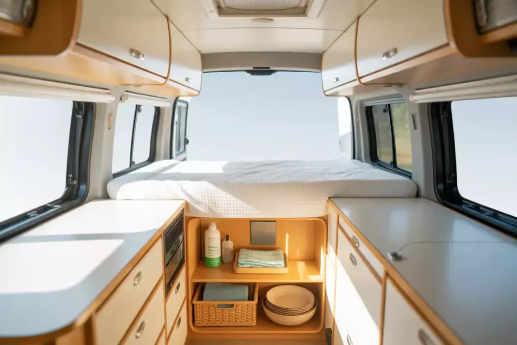 Pristine And Perfectly Organized Camper Van Interior After Cleaning And Tidying
