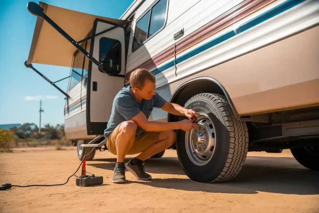 Rv Owner Performing Maintenance Checking Tires Roof Seals And Slide Out Mechanism
