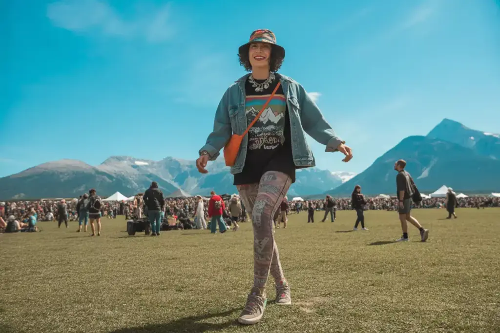 The Mountain Festival Fashion Outfit With Graphic Tee Denim Jacket And Sneakers