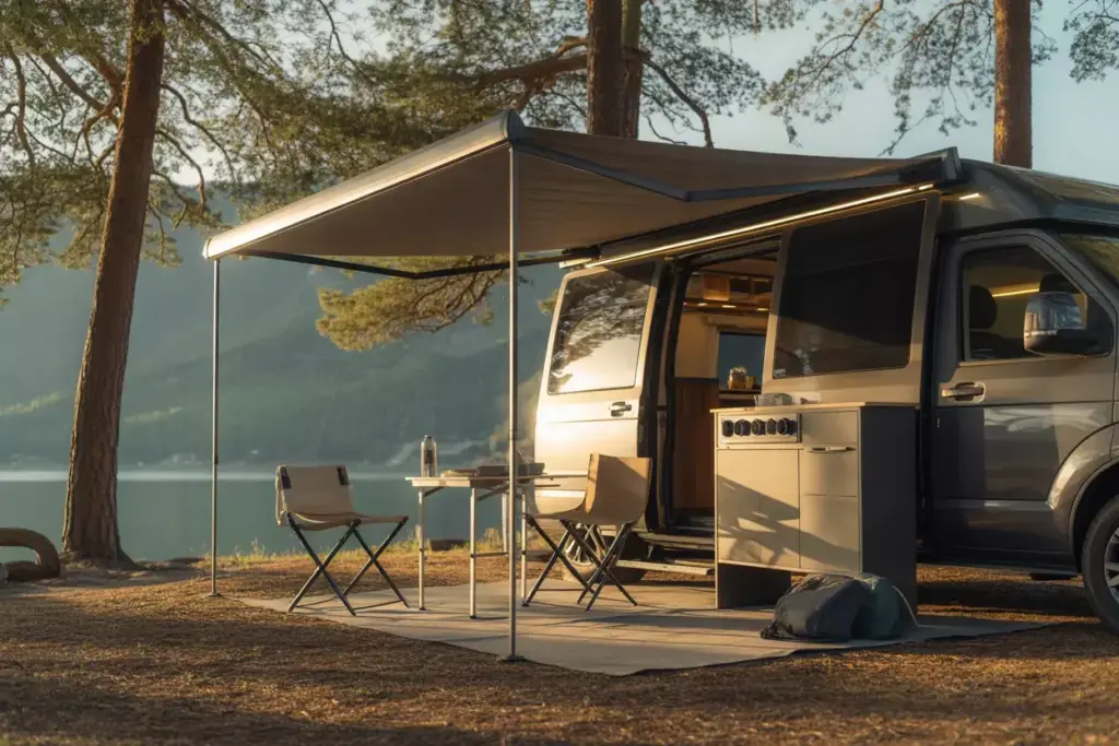 Van With Deployed Awning And Outdoor Furniture Expanding Living Space