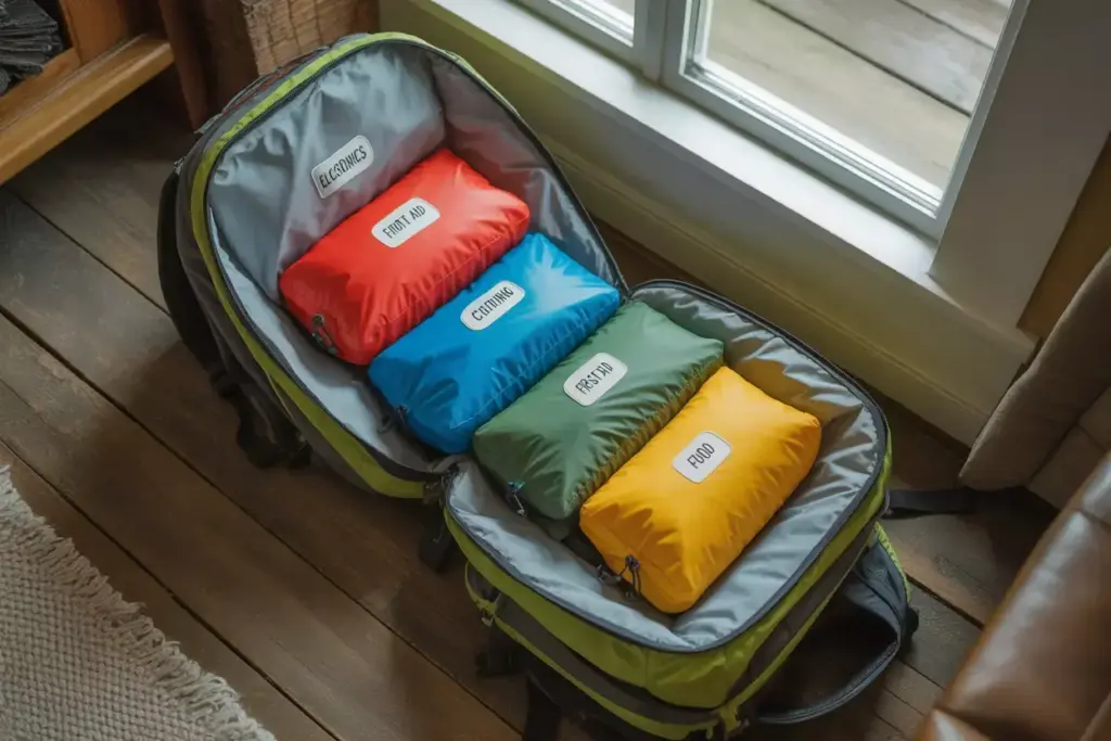 Modular Packing Cube System Inside Open Hiking Backpack Organized With Color Coded Cubes