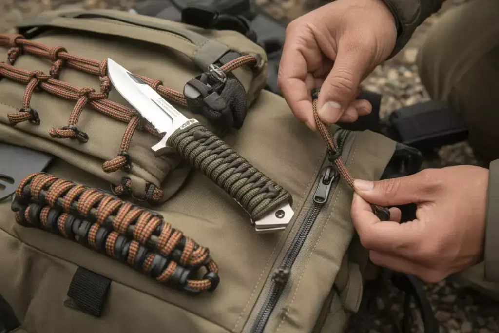 Paracord Modifications On Knife Handle Backpack Lashings And Zipper Pulls