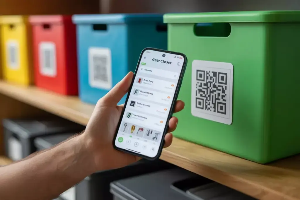 Digital Inventory Management Smartphone Scanning Qr Code On Gear Cube