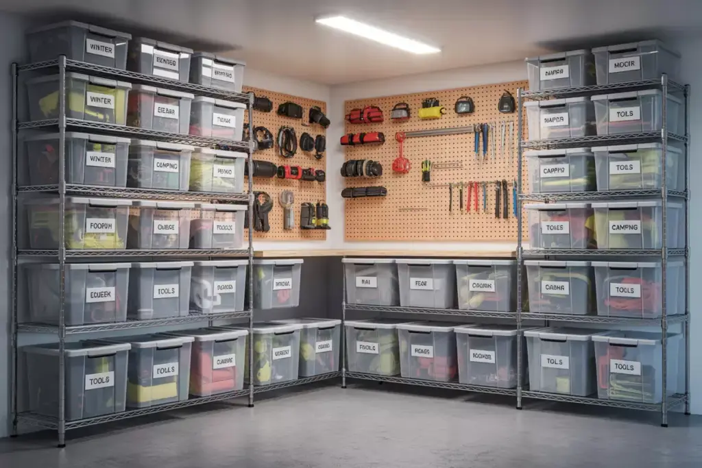 Strategic Home Storage Garage With Wire Shelving Clear Bins And Pegboard