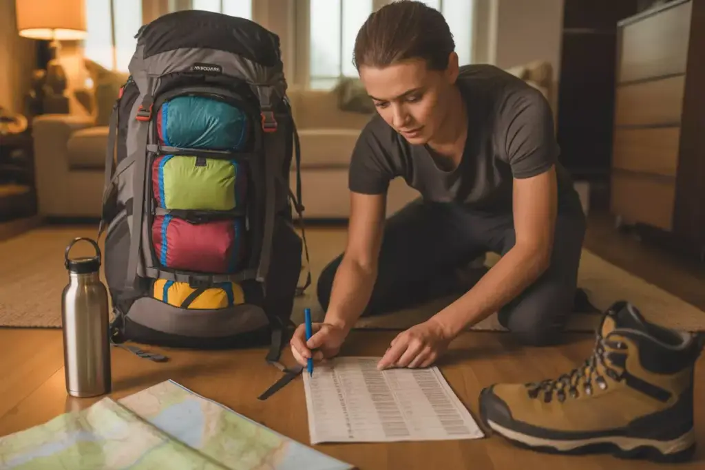 Pre Trip Packing Protocol Hiker With Checklist And Packed Backpack