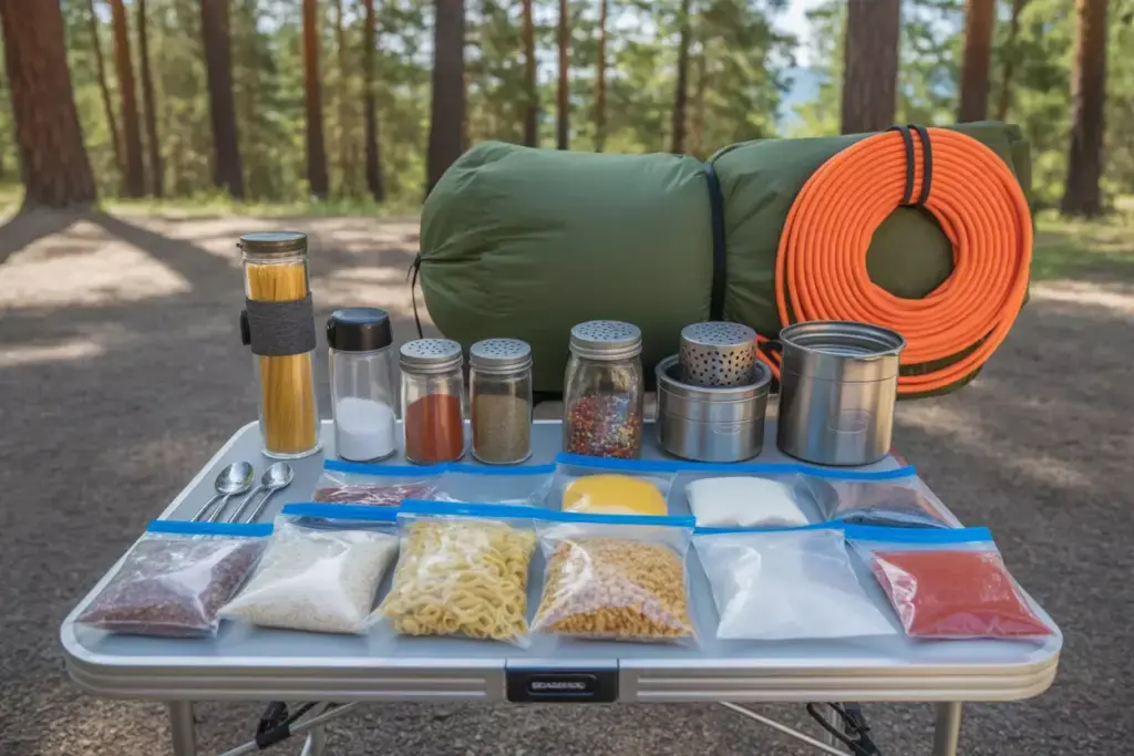 DIY Camp Kitchen With Freezer Bag Cooking Spice Jars And Bear Hang System
