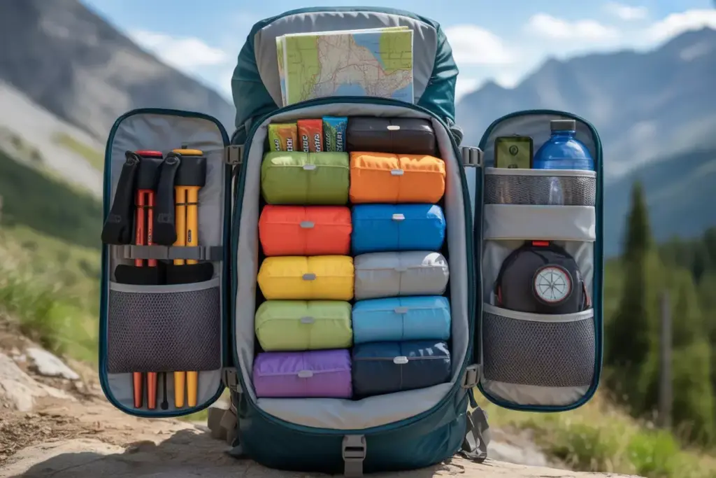Trail Ready Organization Backpack Compartments Open Showing Organized Gear