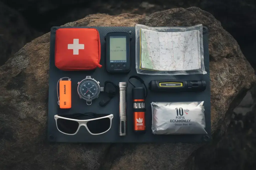 Emergency Gear Organization Flat Lay Of Ten Essentials Including First Aid