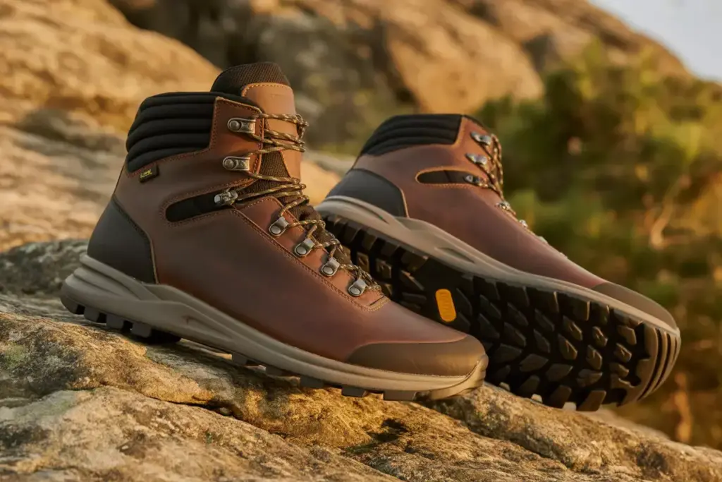 Sleek Hiking Boots On Rocky Terrain Showing Premium Materials And Advanced Sole