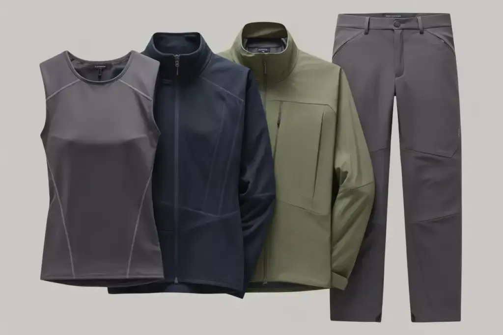 Coordinated Hiking Apparel Flat Lay Showing Technical Features In Refined Designs