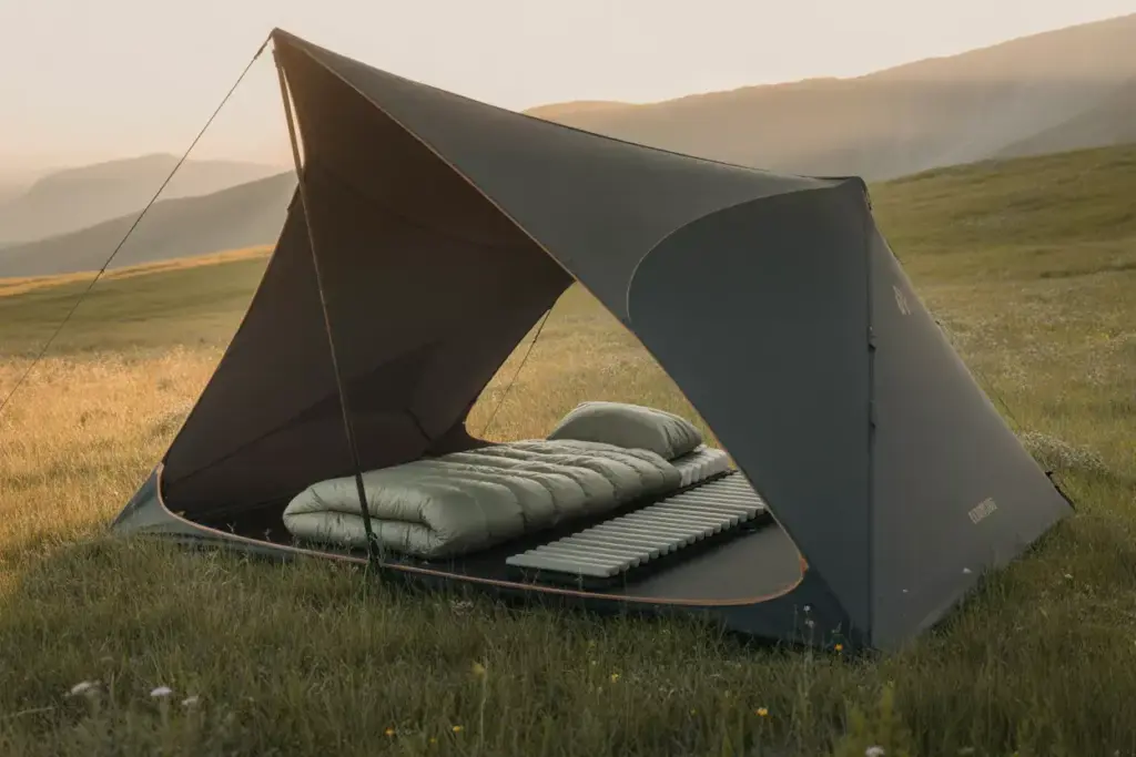 Architectural Tent In Natural Setting With Coordinated Sleep System Inside
