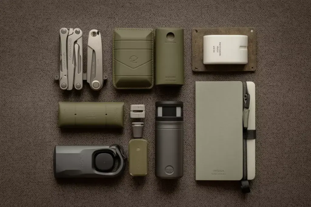 Premium Hiking Accessories Flat Lay With Multi Tool And Modular Organization