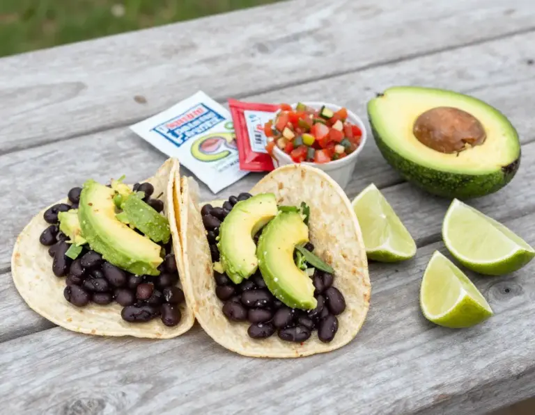 Featured Black Bean Avocado Tacos Assembly On Picnic Table