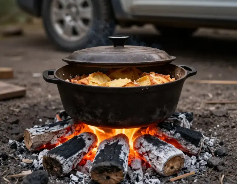 Featured Cast Iron Dutch Oven Baking Cobblers Over Charcoal Briquettes