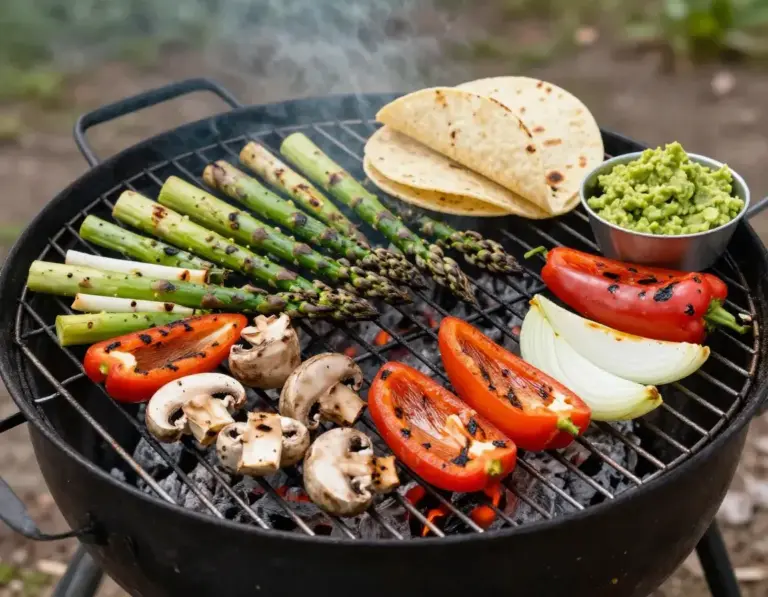 Featured Grilled Vegetables Asparagus Mushrooms Peppers On A Campfire Grill