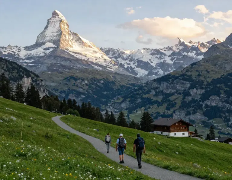 Featured Hikers On A Trail Beneath The Iconic Peaks Of Grindelwald Switzerland