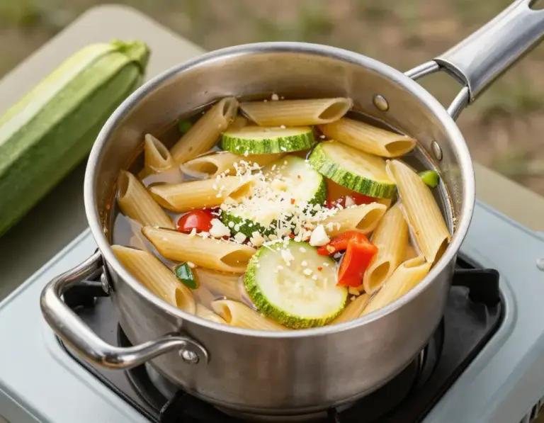 Featured Penne Pasta Cooking Directly In Broth With Vegetables