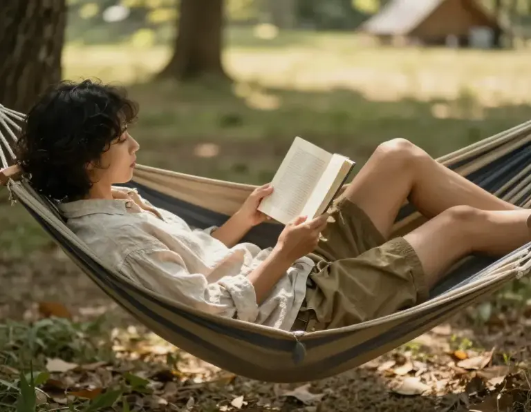 Featured Person In Loose Linen Shirt Camp Shorts Reading In Campsite Hammock