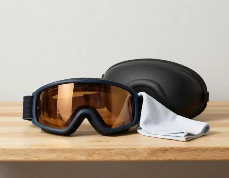 Featured Ski Goggles With Amber Lenses And Cloth On Wooden Shelf
