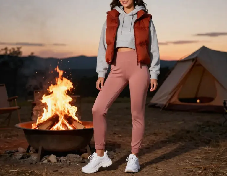 Featured Woman Stands Campfire High Waist Joggers Cropped Hoodie Puffer Vest